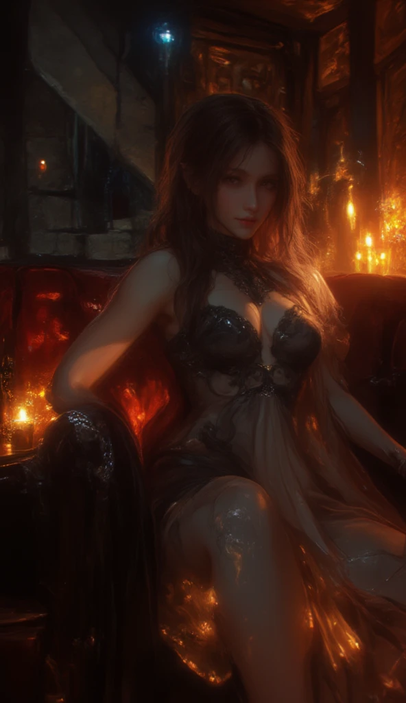 (beste-Qualit, 4K, Masterpiece:1.3), beautiful woman, hyper realistic, Jeune fille nue, Jolie vampire, 18 ans, seule, (corps maigre, gros seins, petit cul), (long cheveux raides noir et rouge, luscious red lips, yeux rouges : 1, 3).  (robe courte moulante noire Transparente fendu:1, 4), (dress with a plunging neckline:1,4), (Couleur noire avec bordure rouge: 1,3), (ornements rouge), (Bordure rouge), (dentelle rouge), (talons haut noir). gros seins, vagin parfait, pose sexy, longues jambes fines, jambes nues, hanches fines, (Transparent :1, 4), (Transparent :1, 3), (Short black dress with slit and plunging neckline :1, 3), (fente : 1, 3), (moulante : 1,3), (plunging neckline : 1,3).  (assise sur le rebord d'une fontaine de sang), (Vampire Castle Course:1,3), (in the dark night lit by candles :1,3), (boit un verre de vin rouge), (eau rouge:1,3), (pleine lune rouge sang:1,3), (Dark forest around the castle), (Vegetation in the yard:1,3), (lush vegetation), (Colorful vegetation), (bougies noires  ), (bougies: 1,3), (Flaming Torches), (flammes rouge), look at the camera. une fille sexy, un visage innocent, un sourire charmant, crossing legs (Soft Red Light, Soft red lighting).  highly detailed body, face detailed, detailled eyes, detailed mouth & minora.  Detailed dress.  detailed scenery.  vampire.  Vampire Theme.  highly quality