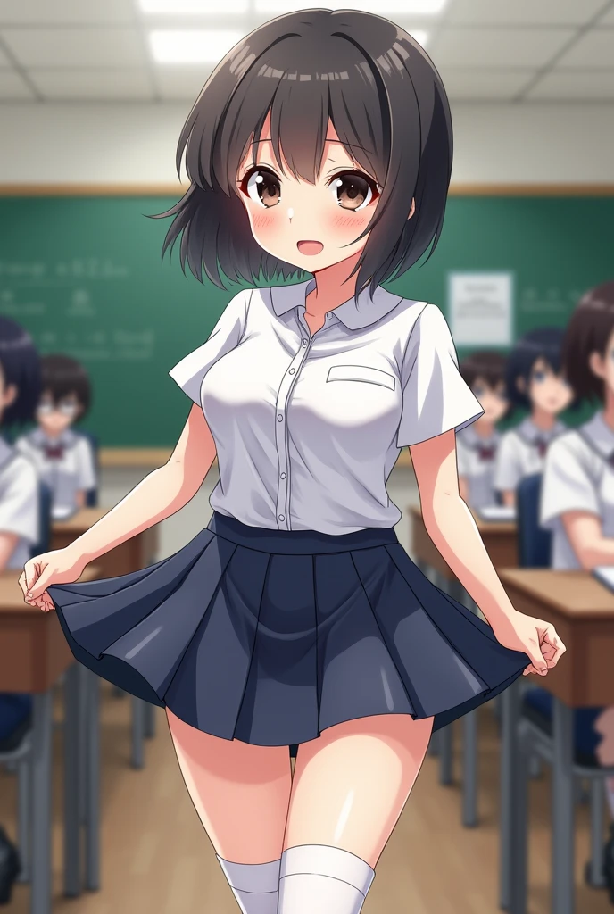 ((masterpiece,Highest quality:1.3,best quality illustration)),cowboy shot,独奏,1woman,18 year old beauty、black hair,short bob hair,bangs,black eyes,(gorgeous big eyes),((very small head:1.3)),sad,tears,((skinny:1.2)),((tan skin:1.4)),small breasts,(School student uniform、Shirts with short sleeveini skirt),gleaming skin,oily skin,slender body,sweat,standing,classroom、School、Tokyo、BDSM,nsfw,