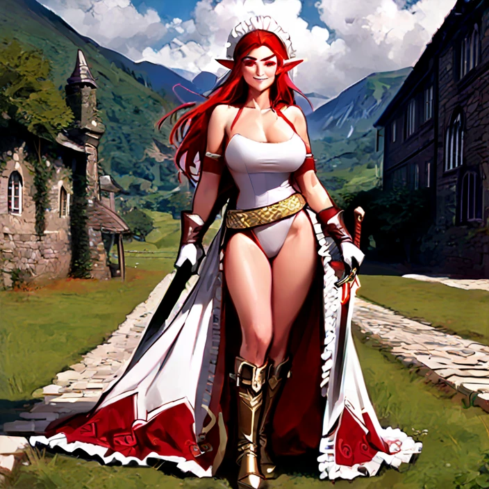 Masterpiece, perfect anatomy, incredible quality. (body, full, standing) ((huge breasts)) 1 mature woman, mature and sensual body, very short and disheveled red hair, white crusader armor with gold details full body, white protective cape, crusader headdress, white sword in the right hand, excellent posture
