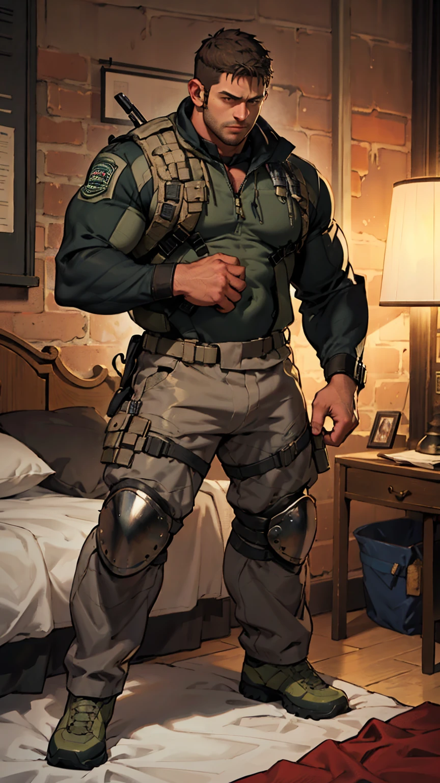role conception (Resident Evil - chris redfield, chris redfield) wears a Handsome black and gray camouflage suit, Lying on a big bed, a soft milky white bed, with sad expression, a muscular male hero, Valiant male pose, 高大burly, muscular! Wear sunglasses, sexy charming muscular leg muscles, burly, Handsome black and gray camouflage suit, Super gain and cool, high resolution committee, rough big feet, military boots, attractive strong male, The bright moonlight shines on me,