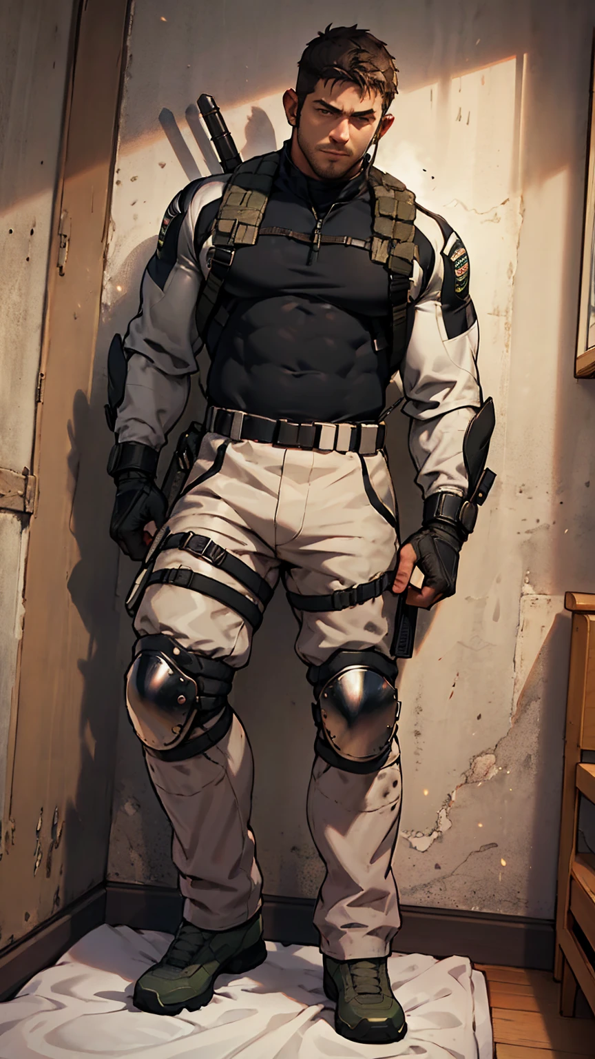 A athletic man in a tight combat suit is portraying Solid Snake of Metal  Gear fame, numerous weapons. He is sneaking aound a guarded facility