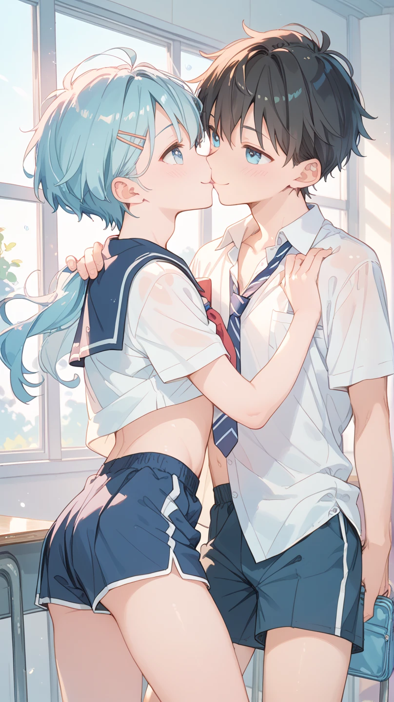 Station ticket gates、A man in a suit groping a schoolgirl&#39;s breasts and buttocks、A white shirt that fits her no-bra 、Blue and white striped skirt、Her skirt flips up to reveal her cute white underwear、Bare legs and leather shoean in white suit