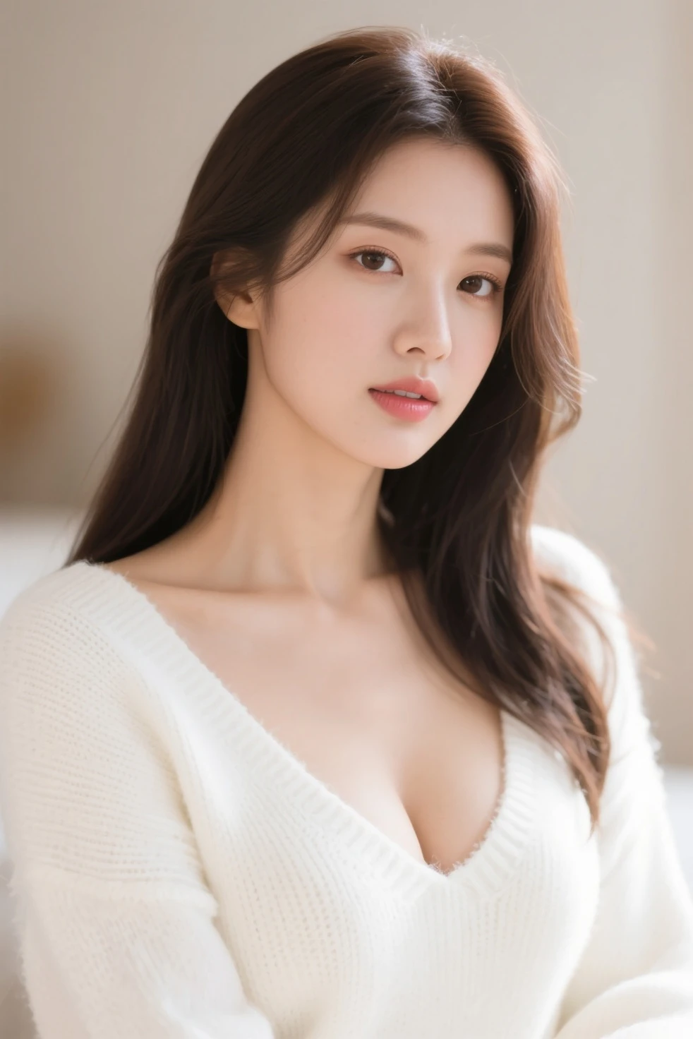 best qualtiy,tmasterpiece,超A high resolution,(realisticlying:1.4),
1girll long curly hair,Rich in detail, shoulder,cleavage,Knitwear, Deep shading, messy room, sit pose, Sitting on an object yoona snsd