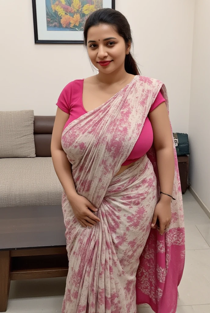 a woman round neck blouse and saree round face,fair skin, beautiful face, angle face,big cheeks, curvy, swooping breasts, deep cleavage, open arms, sexy armpits,big penis, nipples, ass, necklace, (cinematic:1.3), there is a woman standing in front of a pink and blue, casual pose, pretty face with arms and legs, round neck blouse and saree, short robust woman, thicc, satisfied pose, stoic pose, confident relaxed pose, woman posing, thick thighs, wearing a round neck blouse and saree, posing in a bedroom, thoughtful pose, alana fletcher, 2 4 year old female model