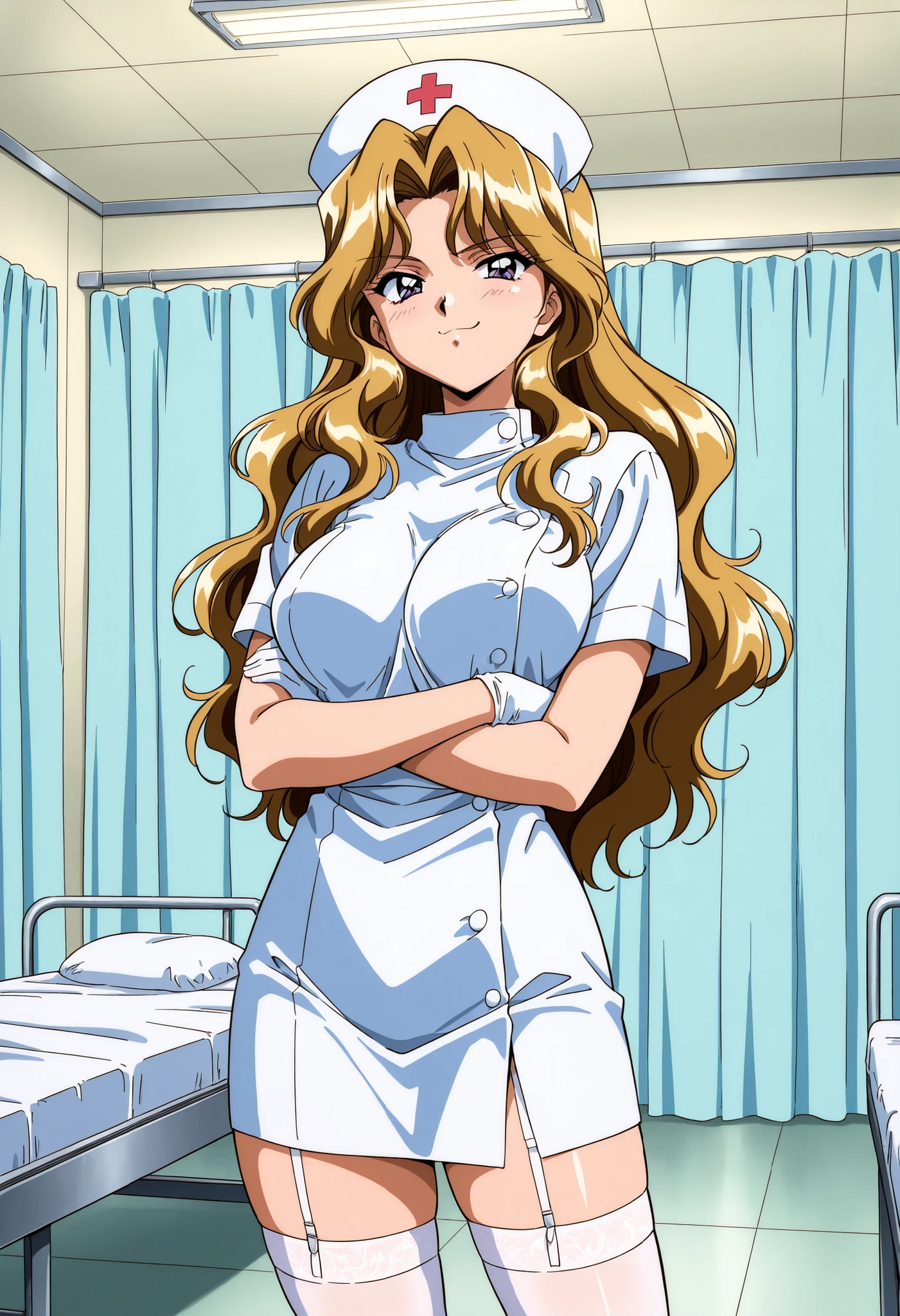 Score_9, score_8_up, score_7_up, source_anime, Shindou_Reiko(Anime_Ver), 1girl, solo, long hair, blonde hair, purple eyes, wavy hair, large breasts, 1990s \(style\), retro artstyle, anime coloring,  (best quality), (high quality), {masterpiece}, extremely delicate and beautiful, ultra-detailed, beautiful detailed eyes, nurse, nurse hat, ((white nurse's outfit)), white gloves, white thighhighs, hospital room, smug, closed mouth, crossed arms, standing
