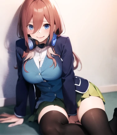 (8K, Highest quality, Highest quality, masterpiece), sit on the floor, (denim hot micro shorts), (vulva peek), big breasts, ((spread legs 1:2)), nm1, headphones around neck, long sleeves, blue cardigan, pantyhose, (fullbody), smile, school uniform, open jacket