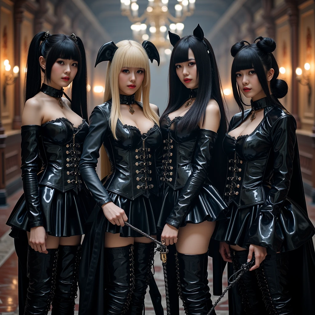 (((Fur Mistress)))。dress、Four women。Holding a whip、Gloves、Watching the audience、(((The dungeons of the old castle)))Fur coat。