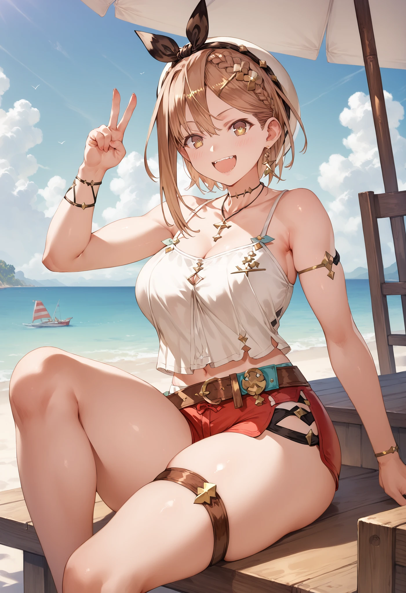 Masterpiece, top quality, Hi-Res, very detailed CG , 2nd Default, asymmetrical design costume, Bare Thighs , belt, chest, teeth, is laughing, beach,1teen young_girl,white_camisole,large_breasts,large_thighs,short_shorts,apart_legs,raise_fist,sitting_on_wood_deck, (pectineus_muscle:0.2),thigh_strap,teeth,(Reisalin_Stout),(\Atelir_Ryza)