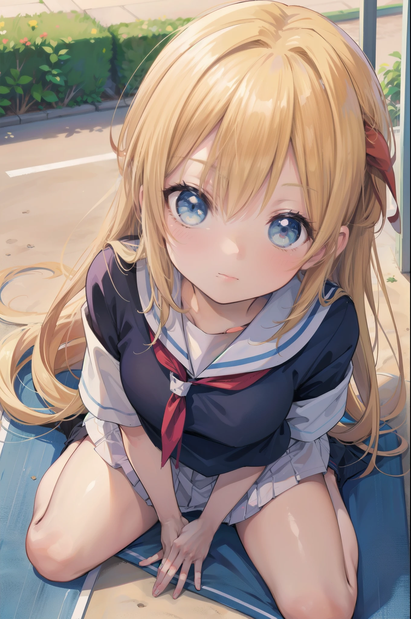 Super resolution video、8K、highest quality,One Girl, alone,cute,Innocent Beautiful Girl,Flat Chest,A beautiful face that still retains a youthful look,Summer sailor uniform,Mini Pleated Skirt、The hairstyle and hair color change randomly.,Sitting on a bench、Embarrassed,Staring at the audience,Beautiful eyes, Delicate depiction ,She spreads her legs、Shyly showing off her panties、She shows off her white frilly panties to the viewers.、Cute design panties、