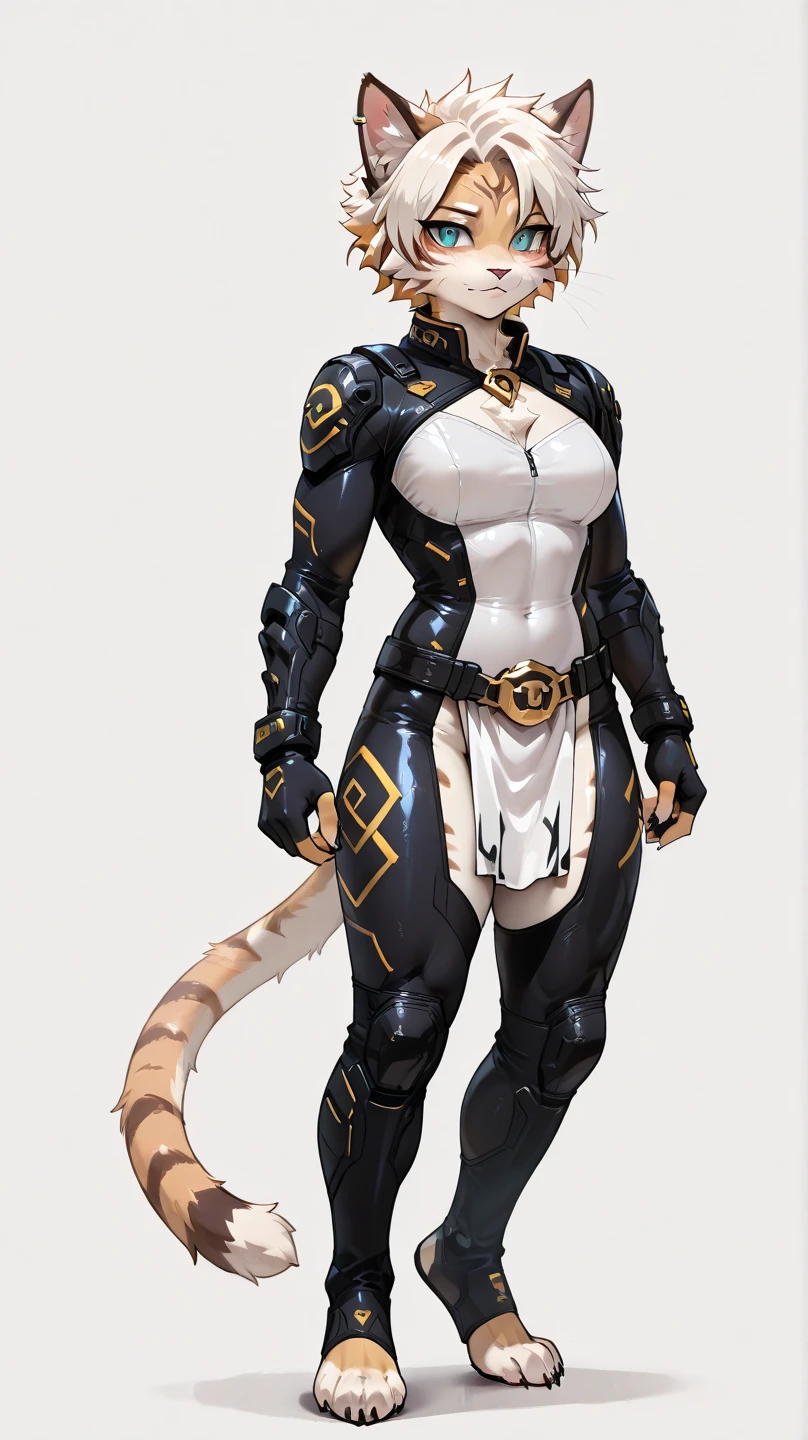 ((Masterpiece, plain background,1:2, masterpiece)) full body standing straight symmetrical against contrapposto yellow tiger print BIKINI stockings sleeves, hands on waist hips, navel, (Vladilena Milize) (grey eyes:1.5) grey long hair, hair between eyelashes