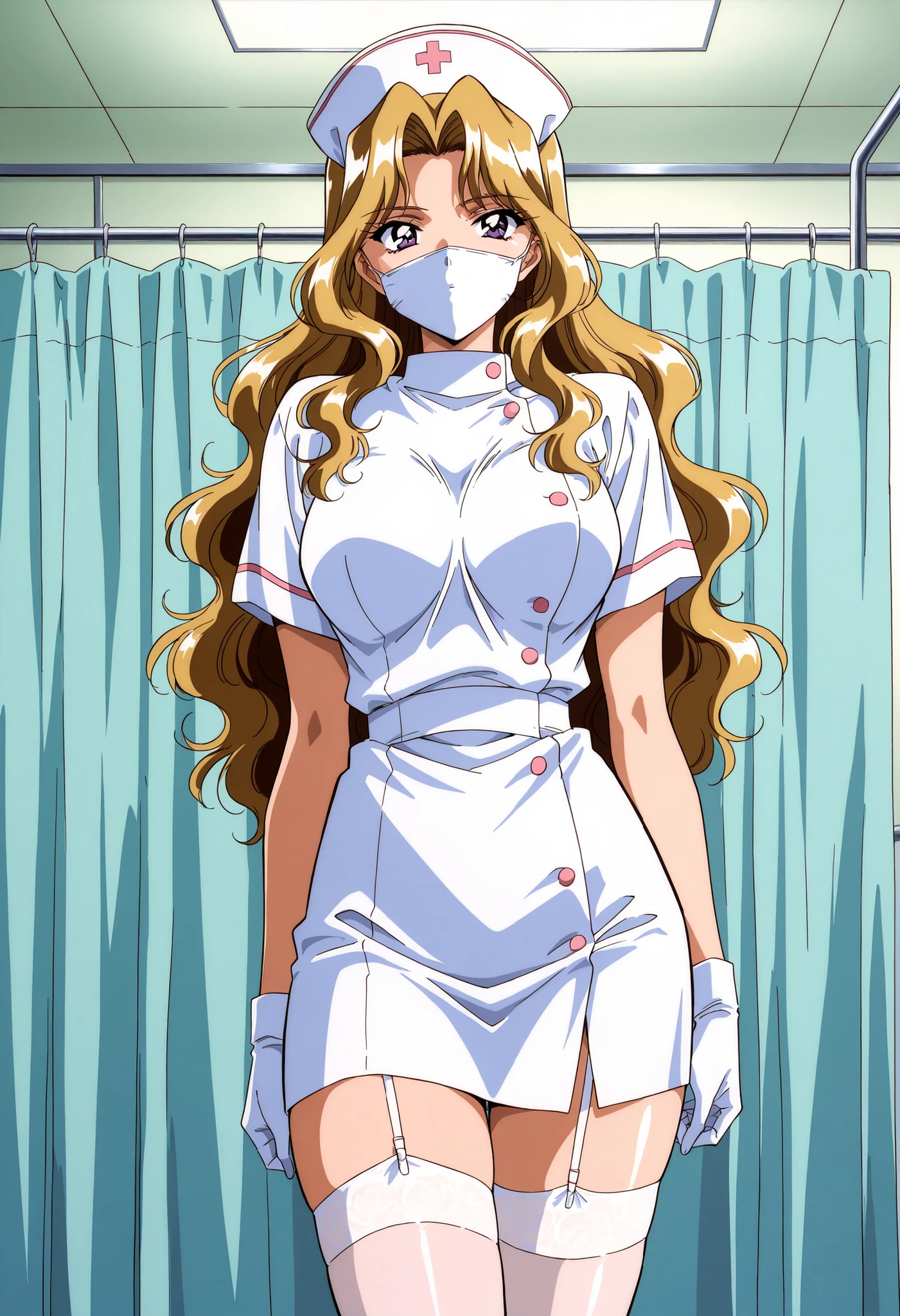 Score_9, score_8_up, score_7_up, source_anime, Shindou_Reiko(Anime_Ver), 1girl, solo, long hair, blonde hair, purple eyes, wavy hair, large breasts, 1990s \(style\), retro artstyle, anime coloring, (best quality), (high quality), {masterpiece}, extremely delicate and beautiful, ultra-detailed, beautiful detailed eyes, nurse, nurse hat, ((white nurse's outfit)), white gloves, white thighhighs, hospital room, ((white mask, mouth mask, covered nose)), standing