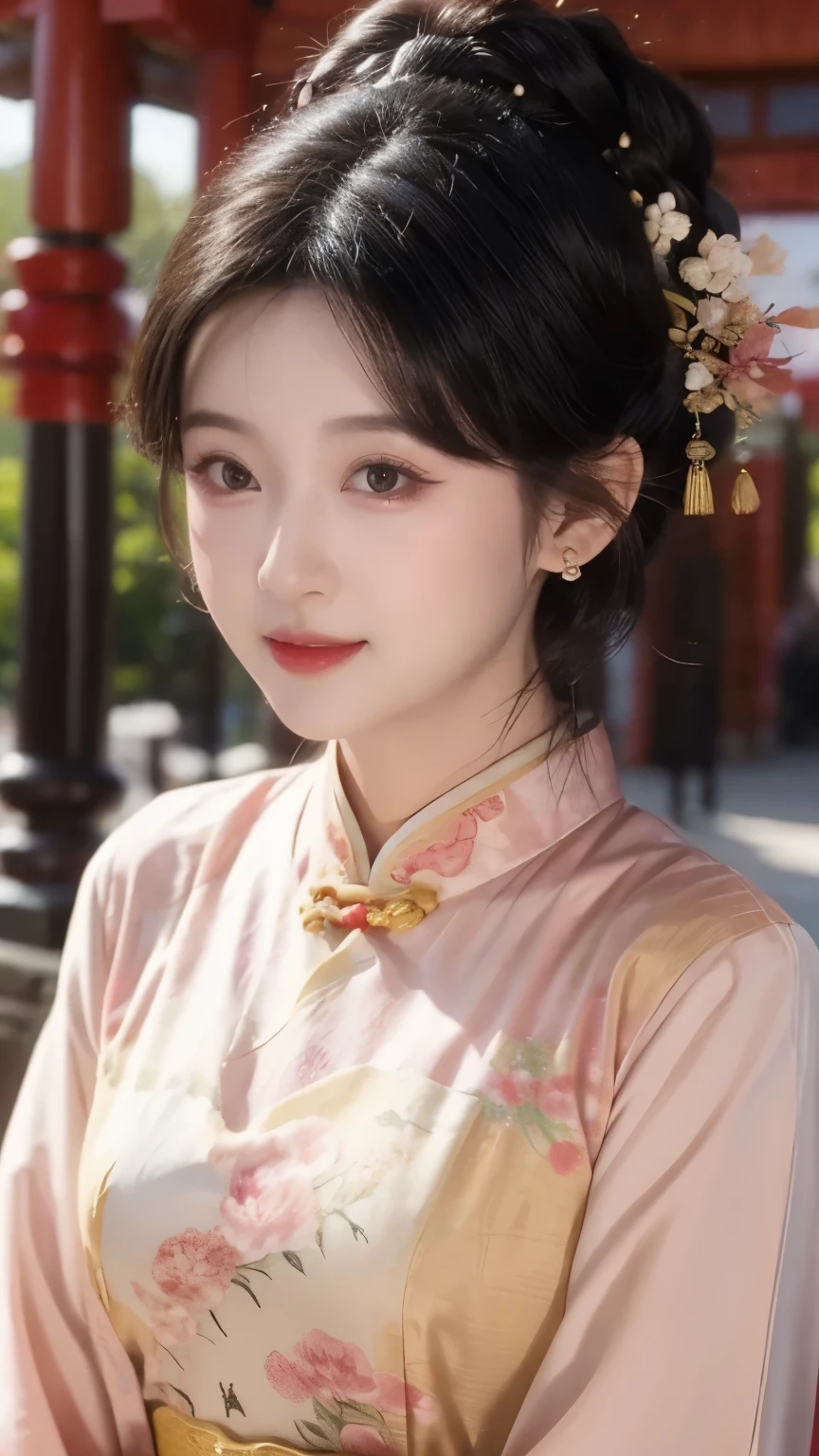 1 beautiful girl,best quality,(painting:1.5),Chest,torii,,depth of field, detailed face ,facial focus,ribbon_trim,(watching the audience:1.25),Smile,Thick lips,Real People,black cheongsam