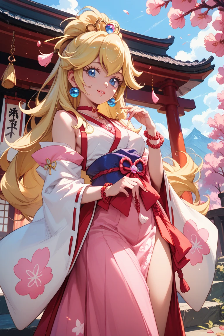An elf with a large body, long straight yellowish hair, blue eyes, a friendly expression, dressed in a pink kimono, on a pink background.