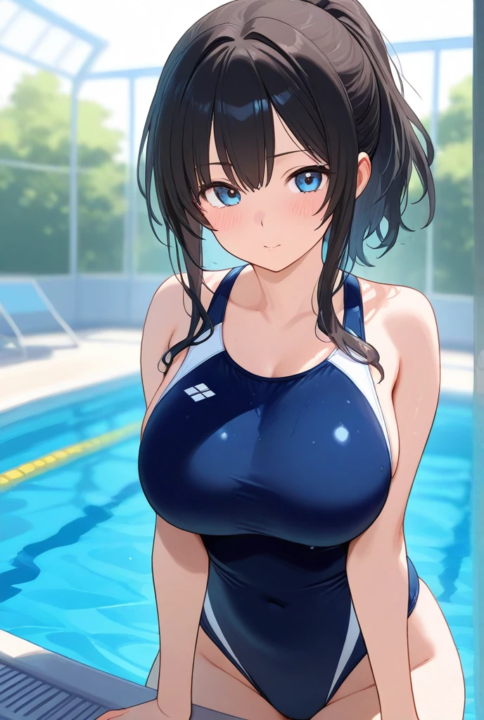 masterpiece、best image quality、ultra high resolution、teen with big tits、twin tail hairstyle、black hair、red face、shyly、mock、Open your mouth just a little、A school swimsuit that shows the cleavage of a girl、A school swimsuit that shows the cleavage of a teenage school、well-shaped lower body、indoor pool、Poolside