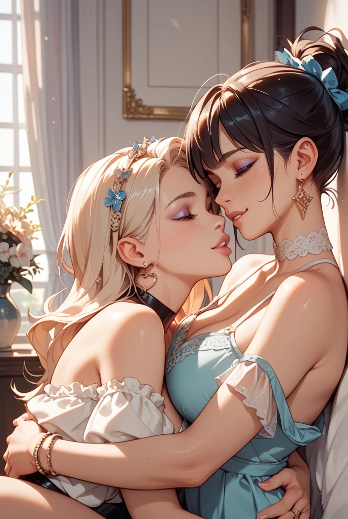 Young girl, Off-the-shoulder (naked:1.4), Spats (see-through lingerie:1.3), (Blushing:1.0), Contemptuous, Detailed face, twintails, lesbian, kiss, kissing, tongue, yuri