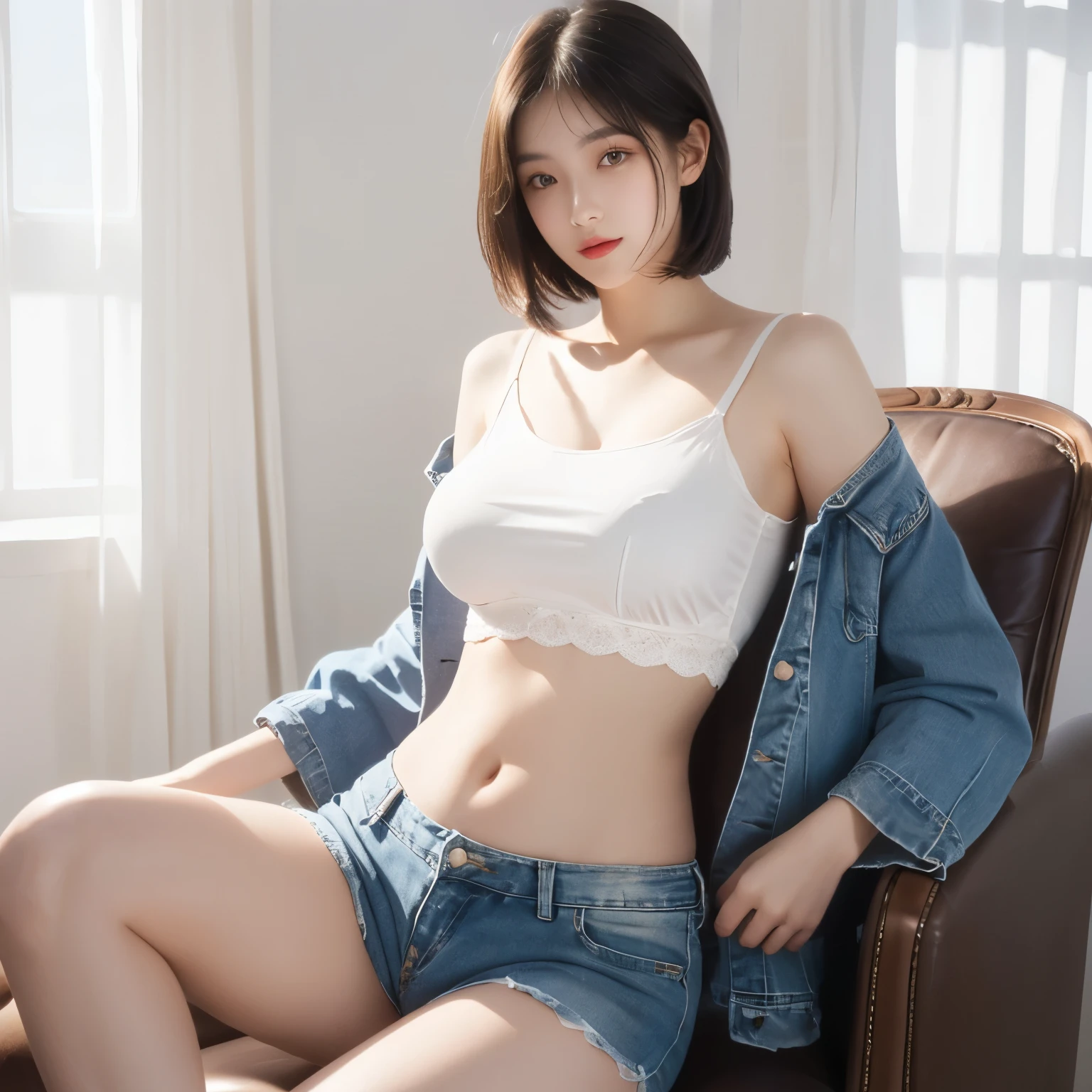 (8k, RAW photos, top quality, masterpiece: 1.2), (realistic, photorealistic: 1.37), (High Quality), (Ultra realistic), (High Details), (Face detail), (Shadow Detail), (( huge breasts: 1.5)), ((big butt)), slender abs, slim belly, 1 korea girl, black hair, short hair, eyeshadow, eyeliner, soft make-up, pink lips, blue and white long shirt, black mini short pants