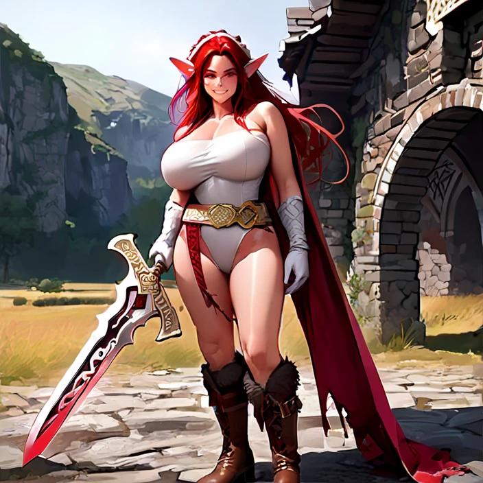 (masterpiece, best quality, ultra detailed, absurdres:1.5), 1girl, (sexy, beautiful woman, perfect face, perfect eyes, perfect female body, large breasts:1.5), (Belladonna, red hair, curly hair, long hair, pelvic curtain, cape, greaves, very long hair, bikini armor, facial mark, pelvic curtain, belt, <lora:Belladonna_v01:0.7>), (full body, standing, outdoors, forest), perfect lighting, smooth, hdr