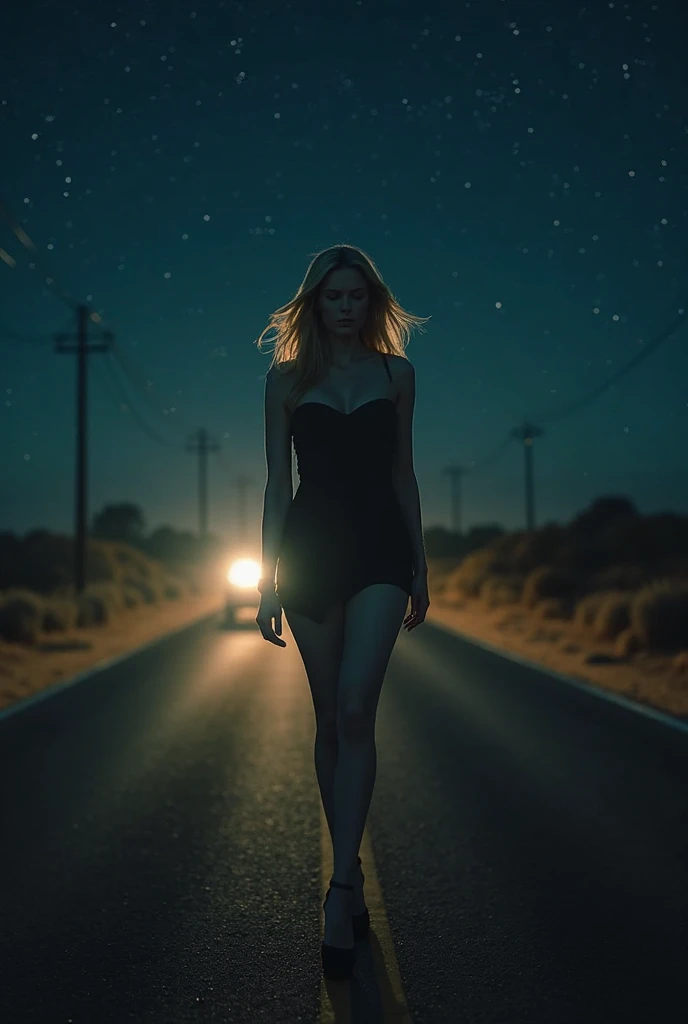 a photo taken by an iphone of a Realistic beautiful girl with dark night sky and the view of the standing , athletic build, normal , big ass, blonde, Blue eyes, full length in a SUP paddle standing upright wearing a white dress