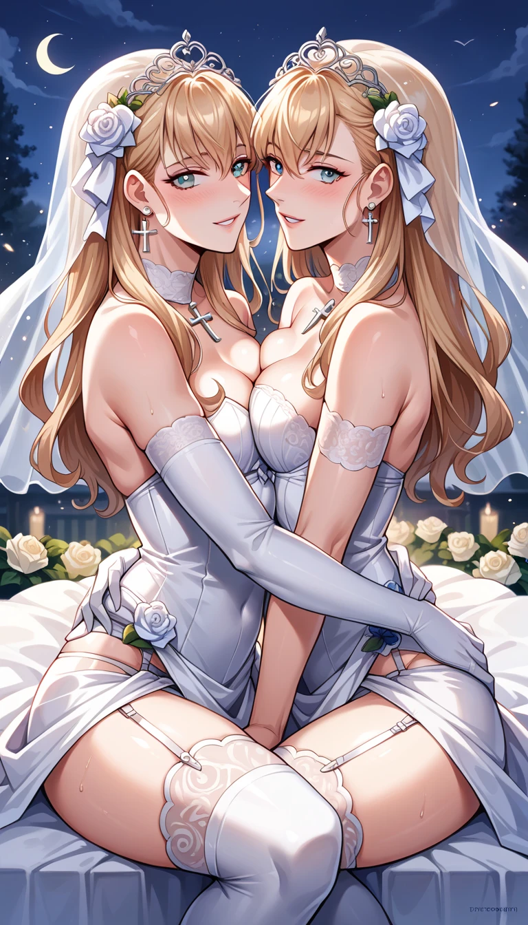 2girls, multiple girls, natural lighting, masterpiece, highly detailed, illustration, game CG, absurdres, high quality, glossy lips, looking at each other, lips parted, (wedding dress), kitagawa marin, blonde hair, long hair, swept bangs, gradient hair, red eyes, jewelry, earrings, piercing,