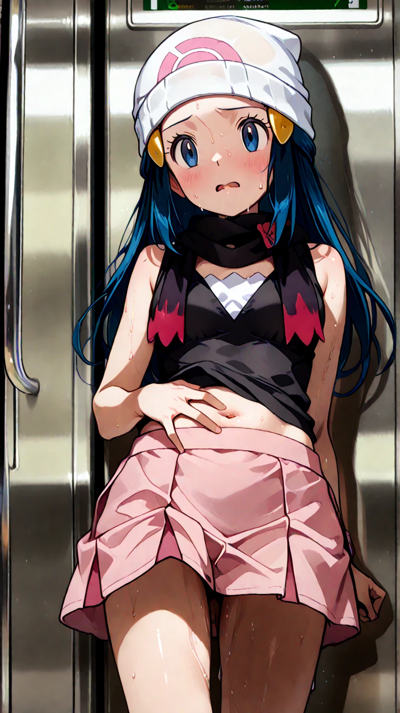 NSFW,masterpiece,Highest quality,High resolution,Super detailed,dawn_\(pokemon\),blue eyes, Blue Hair, Long Hair, Side Lock, Hair Clip, Beanie, Black Dress, No sleeve, Pink Skirt, scarf,Embarrassed,blush,Luxury lingerie shop,(Underwear section),Luxury stores,(male),(Having sex),Insert,Creampie,Trembling