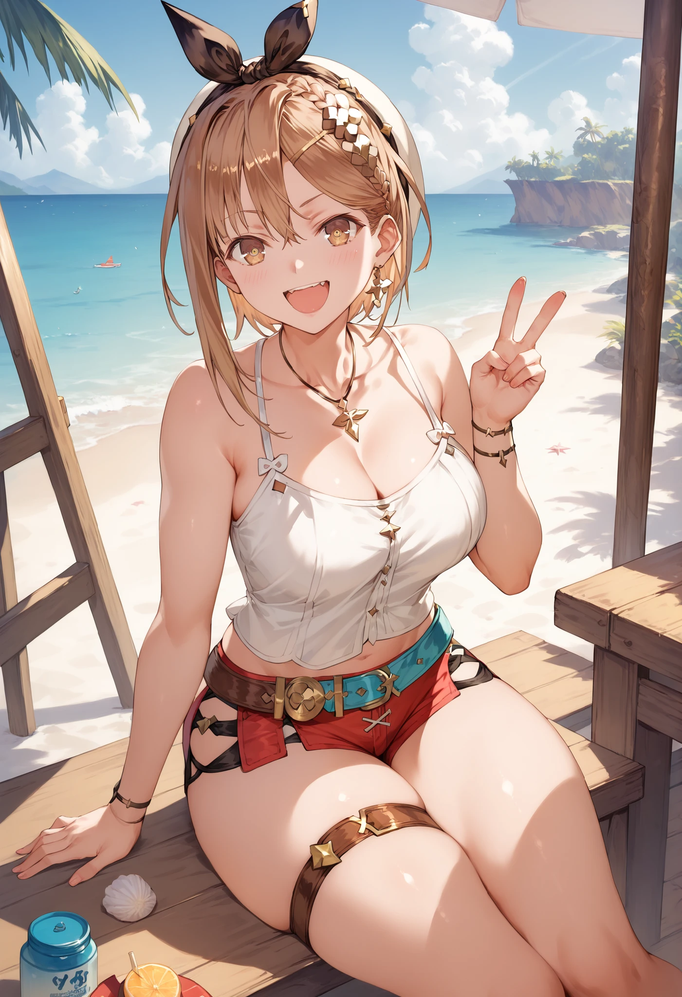 Masterpiece, top quality, Hi-Res, very detailed CG , 2nd Default, asymmetrical design costume, Bare Thighs , belt,, (teeth:0.4), is laughing, beach,1teen young_girl,white_camisole,large_breasts,large_thighs,short_shorts,apart_legs,raise_fist,sitting_on_wood_deck, (pectineus_muscle:0.2),thigh_strap,,(Reisalin_Stout),(\Atelir_Ryza)