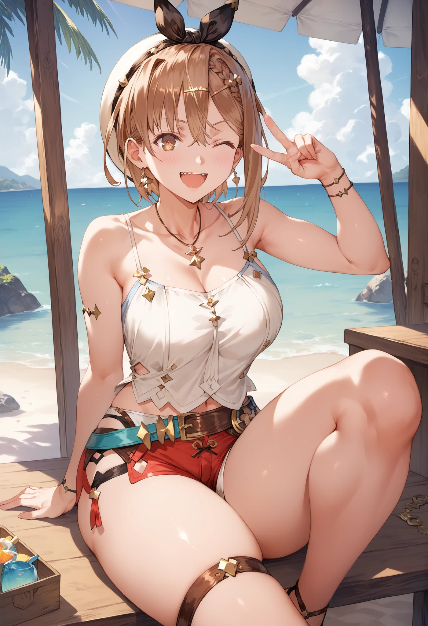 Masterpiece, top quality, Hi-Res, very detailed CG , 2nd Default, asymmetrical design costume, Bare Thighs , belt,, (teeth:0.4), is laughing, beach,1teen young_girl,white_camisole,large_breasts,large_thighs,short_shorts,apart_legs,raise_fist,sitting_on_wood_deck, (pectineus_muscle:0.2),thigh_strap,,(Reisalin_Stout),(\Atelir_Ryza)