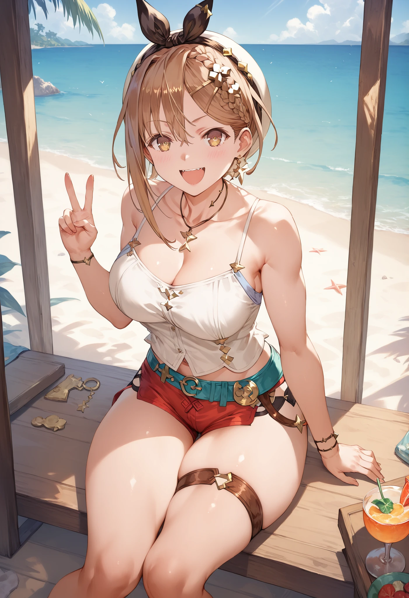 Masterpiece, top quality, Hi-Res, very detailed CG , 2nd Default, asymmetrical design costume, Bare Thighs , belt,, (teeth:0.4), is laughing, beach,1teen young_girl,white_camisole,large_breasts,large_thighs,short_shorts,apart_legs,raise_fist,sitting_on_wood_deck, (pectineus_muscle:0.2),thigh_strap,,(Reisalin_Stout),(\Atelir_Ryza)
