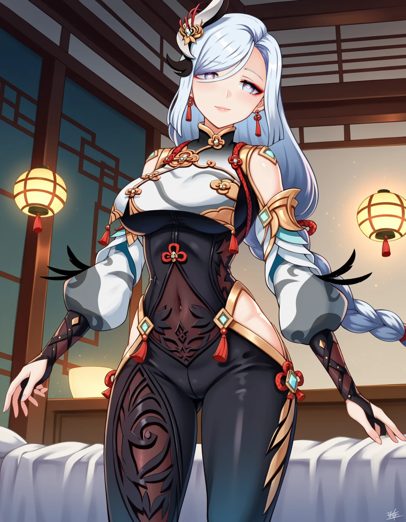 Shenhe,tight clothes, busty, seductive, realistic, best quality, masterpiece, thick thighs, hentai, sex