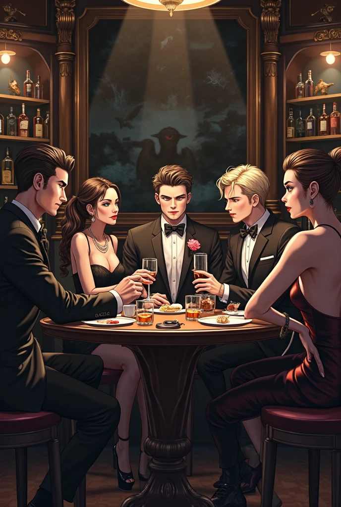 michelle dockery, jason butler harner jessica brown-findlay, harry lloyd are in the bar drinking and smiling