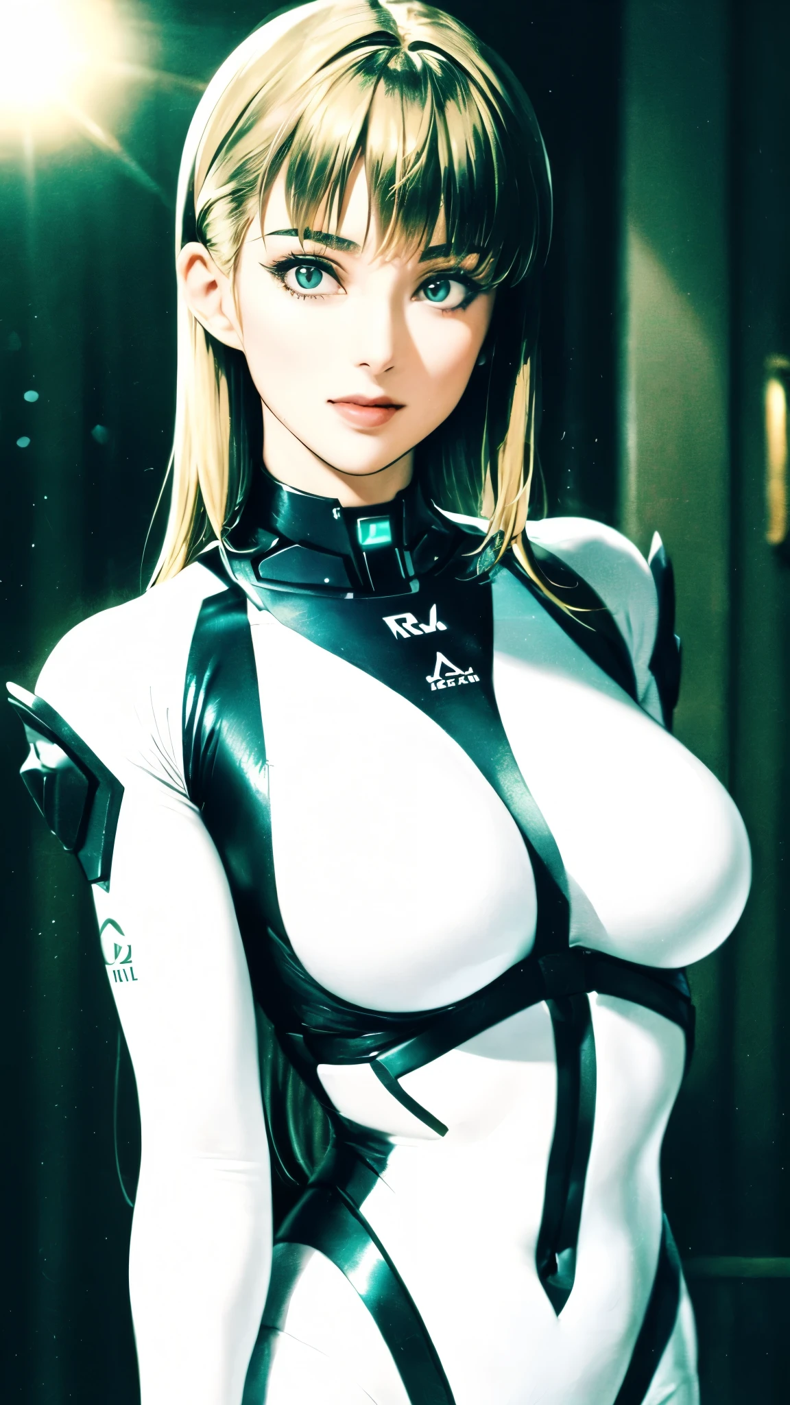 masterpiece, best quality, a beautiful woman with long shiny hair, choppy bangs, delicate face, passionate gaze, perfect smille, blush, seductive expression, tall and fit figure, perfect body, perfect skin, seductive pose, sexy Futuristic Technological Nanogel Clothing, the color scheme is primarily White with Green accents, this character embodies a finely crafted sexy beauty, exquisite and mature art Style, goddess, feminine, exquisite photography, depth of field, bokeh, photorealistic, even and soft lighting on face, dramatic, high definition, highres, ultra detailed, professional photo, perfect body proportions, anatomically correct, symmetrical face, extremely detailed eyes and face, perfect eyes, high quality eyes, creativity, RAW photo, UHD, 32k, portrait lighting, cinematic lighting, (masterpiece-anatomy-perfect:1.2)