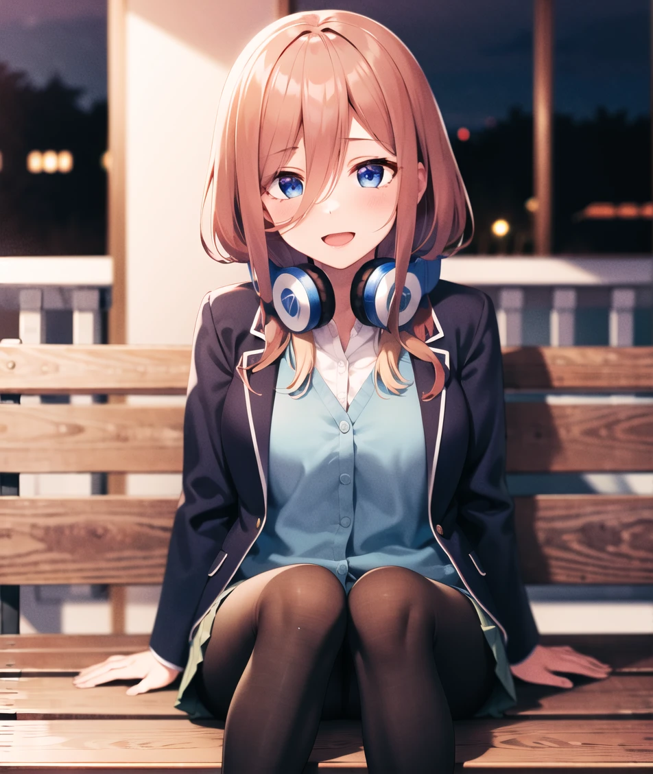 (8K, Highest quality, Highest quality, masterpiece), ((closed mouth, one cheek puffed out with held breath, jealousy)), (denim hot shorts), (mini shorts), big breasts, nm1, headphones around neck, long sleeves, blue cardigan, pantyhose, (fullbody), smile, school uniform, open jacket