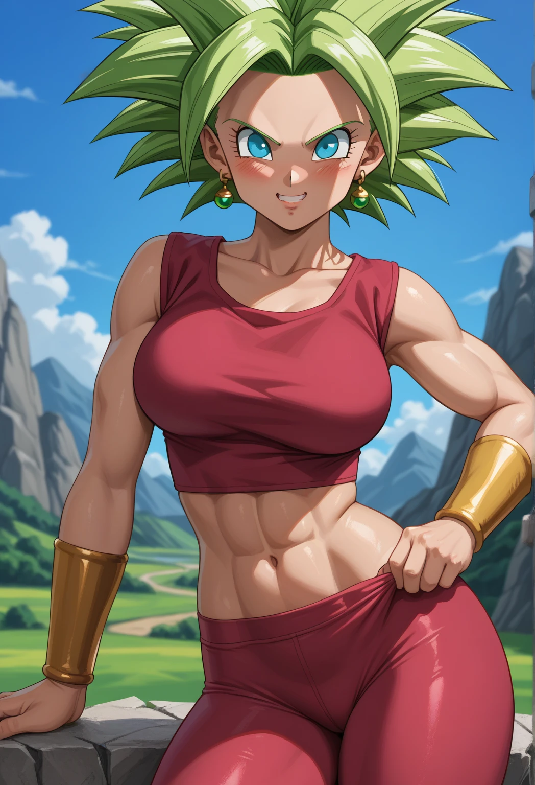 xyzkefla, masterpiece, best quality, green hair, muscular female, green eyes, ((wearing a white tshirt)), (black panties), bracer, midriff, looking at viewer, open mouth, happy, blushing, rolling eyes, tongue out, outside, trees, sunny day, standing, (wearing a black thong), 