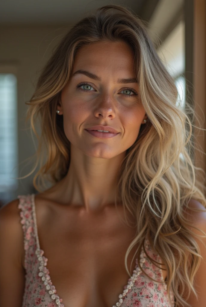 Margot Robbie close-up at home standing barefoot
