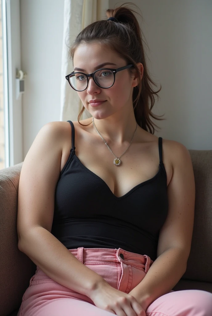 blond woman with glasses laying on a couch with her hand on her hips, a photorealistic painting inspired by Ion Andreescu, reddit, hyperrealism, in a black bra, perfect yellow haired girl, relaxing on the couch, a hyperrealistic , hyperrealistic , with glasses, wearing black glasses, wearing lifting skirt and a black bra, thick glasses