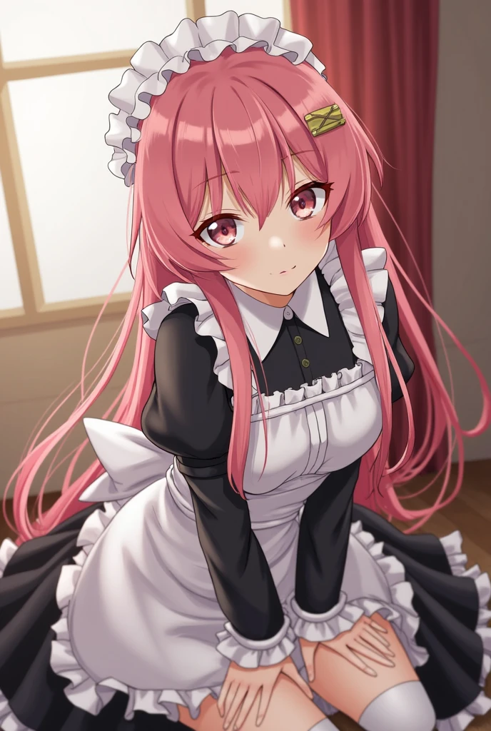 1 girl, alone, mafuyu kirisu, mafuyu kirisu, blue eyes, braid, long hair, twin braids, pink hair, black maid outfit with white details, white katyusha on the head, long sleeveless, short skirt, exposed waist, bare legs, white stockings, black heels, cleavage,looking at viewer,pov(from above),indoor,bed,(masterpiece:1.2),best quality,high resolution,unity 8k wallpaper,(illustration:0.8),(beautiful detailed eyes:1.6),face extremely detailed, perfect lighting, extremely detailed CG (perfect hands, perfect anatomy), Large breasts, medium waist, wide hips, medium thighs