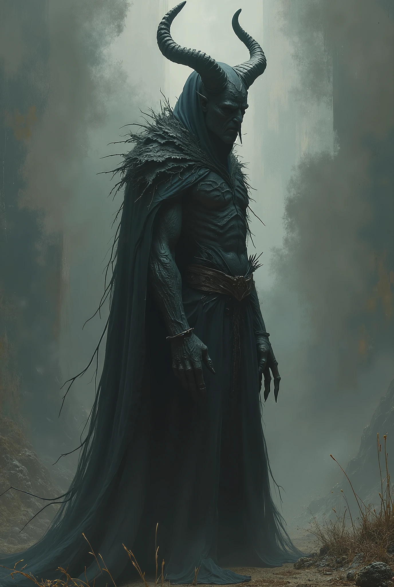 drow, male, male focus, pointy ears, purple eyes, shirtless, dark elf, white hair, green hooded cloak, upper body, closed mouth, long hair, nlue colored skin, looking at viewer, shirtless, topless, a big black panther behind him, full body shot, in a forest