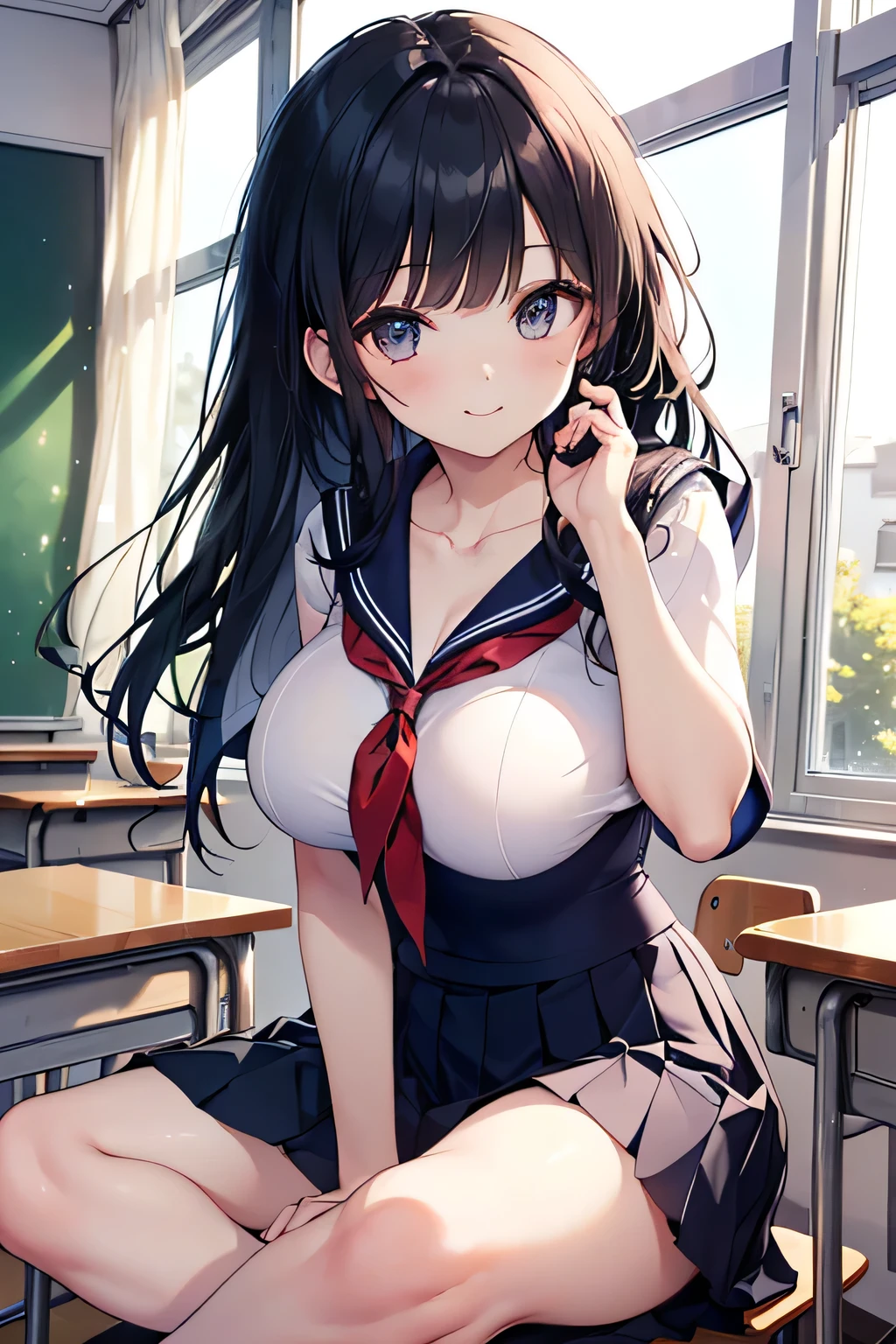 ((best-quality)), ((8k quality)), (((masterpiece))), (1girl), black hair, ((beautiful detailed blue eyes)), ((perfect eyes)), ((neat sailor suit)), classroom, sitting with both hands on the desk, gigantic breasts, ((neat plain navy blue school skirt)), (neat sailor ribbon), ((perfect fingers)), ((perfect anatomy)), ((perfect face))