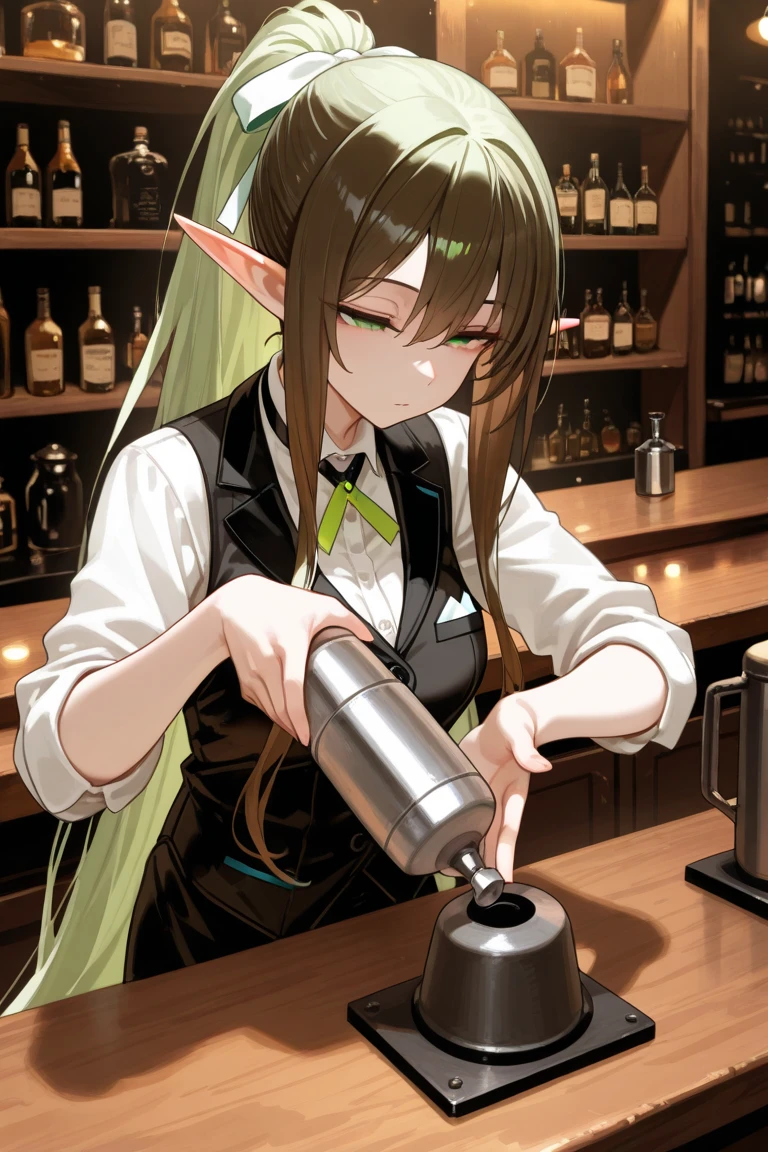 1lady, ears like an elf, medium light green eyes, slightly slanted, ponytail, absurdly long hair, shiny brown hair, light green ribbon, bartender clothes, in a small bar with only one counter, viewer in distance,