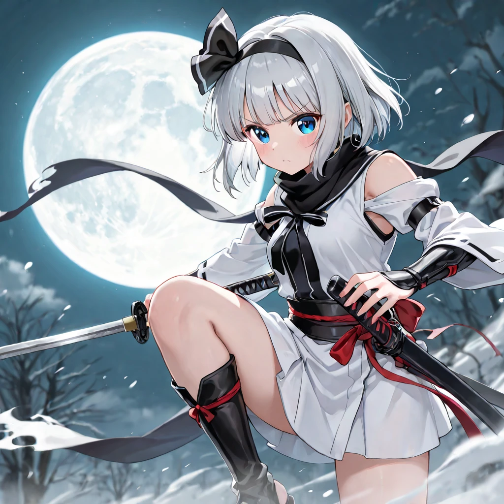((full body photo, standing, feet on the ground)), Luriana , has very large breasts, (black with details in red / maid costume, maid headdress), black skirt, well defined body, she wears one (Oni mask), looking directly at the viewer, smiling, she is in a forest at night with full moon in the sky, she has (short white hair, blue eyes), closed hand, closed fists, is holding a Katana., 16k, highres, award winning, best quality, super detail, super detail, textured skin, ccurate, UHD, masterpiece, anatomically correct