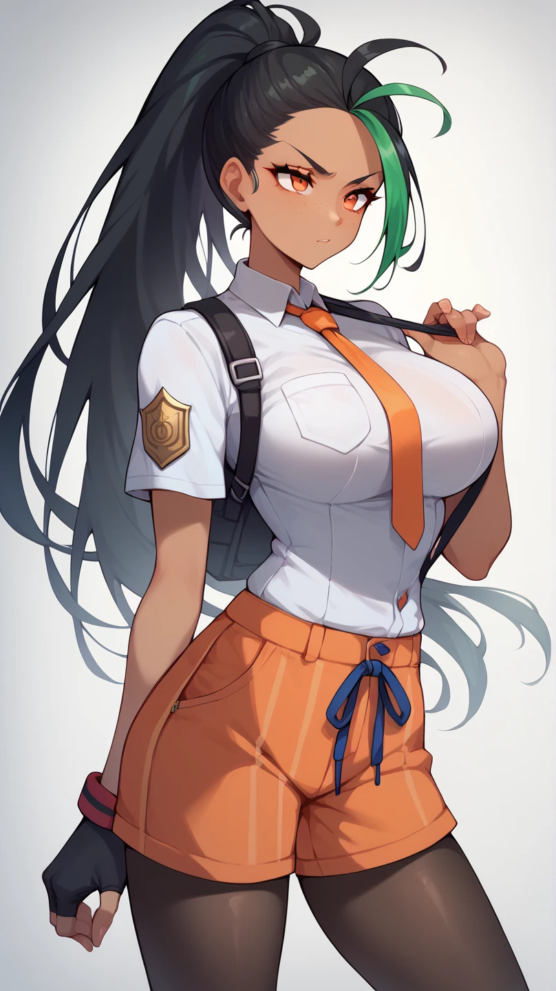 Pokémon、Nemo、big tits milf、big tits milf、big tits milf、solo、Nemoナ、long hair、orange eyes、ponytail、look at viewer、black pantyhose、gloves、orange tie、orange shorts、short sleeve、school uniform、stage、stageライト、Spotlight、peace sign、dutch angle、smile