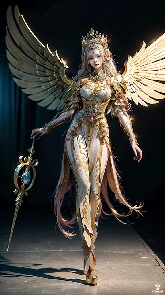 full body beautiful steampunk angel, blonde hair, blue eyes, purple lips, white skin, gold metal huge wings, detailed skin texture, ultra fine details, bluish orange tones, photorealistic, cinematic, Ultra-Wide Angle, full-body shot