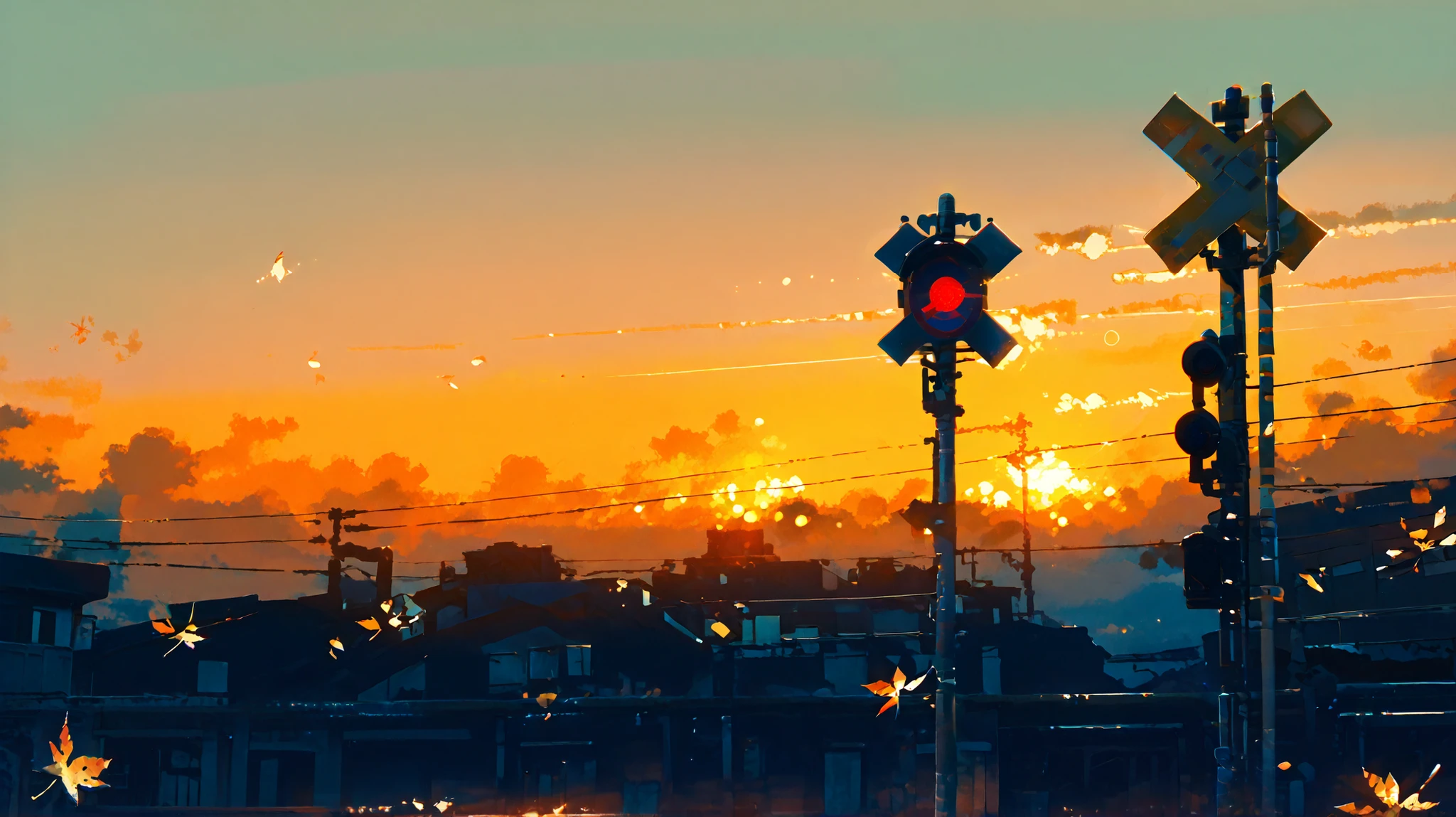 An empty street at dusk, bathed in warm orange light. Fallen leaves scatter gently in the wind. A lone traffic signal blinks softly. The air feels nostalgic, as if time is standing still. No people, only the quiet trace of someone who once passed.