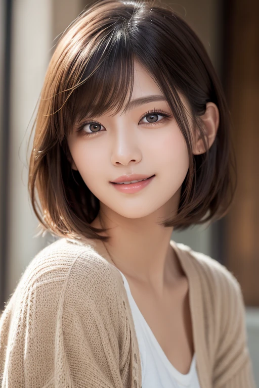 One girl, Gaze, smile, Brown Hair, Droopy eyes, Bob Hair,