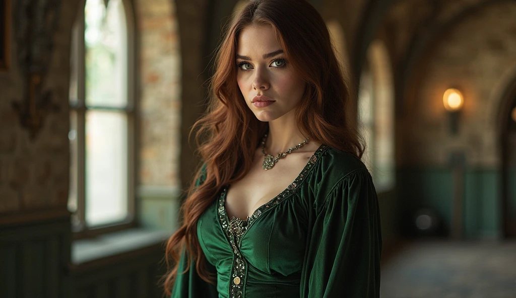 35 years old girl, long red hair, beautiful, slender, small breasts, light skin, lots of freckles, small, green medieval dress, castle throne room, on the walls a large black shield with a white spider on it