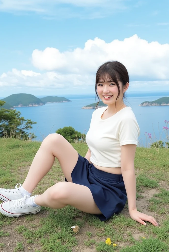 (of a real:1.5,Works of masters,Rich in detail),Girl on the grass,Small hillside,NOWAI,Green meadows,Blue sky in the distance、baiyun,