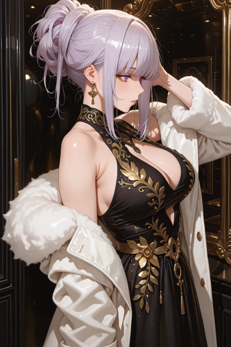 (masterpiece, highest quality:1.2), figure, 8K, HD, 1 girl, alone, (((gray hair, purple eyes, black coat))), big breasts, black pants, short hair, indoors, arles suit, serious expression, expensive, mature, elegant