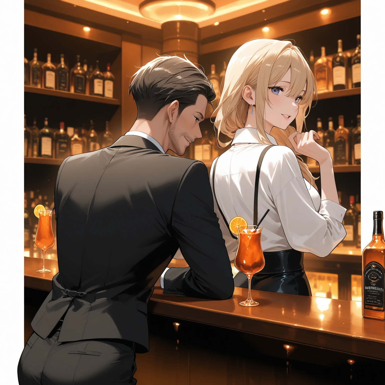 ((best quality)), ((work of art)), ((detailed)), man with short white hair, sitting at a bar table, with two women wearing white dresses, one woman with brown hair and bangs, and another woman with blonde hair.
