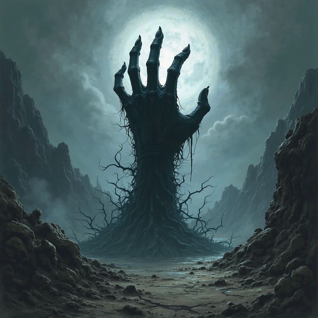 A zombie hand emerging from a misty lagoon.
