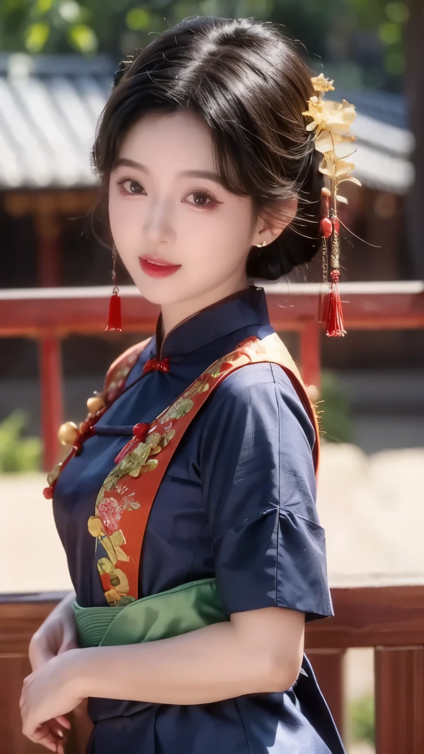 1 beautiful girl,best quality,(painting:1.5),Chest,torii,,depth of field, detailed face ,facial focus,ribbon_trim,(watching the audience:1.25),Smile,Thick lips,Real People,dark blue cheongsam