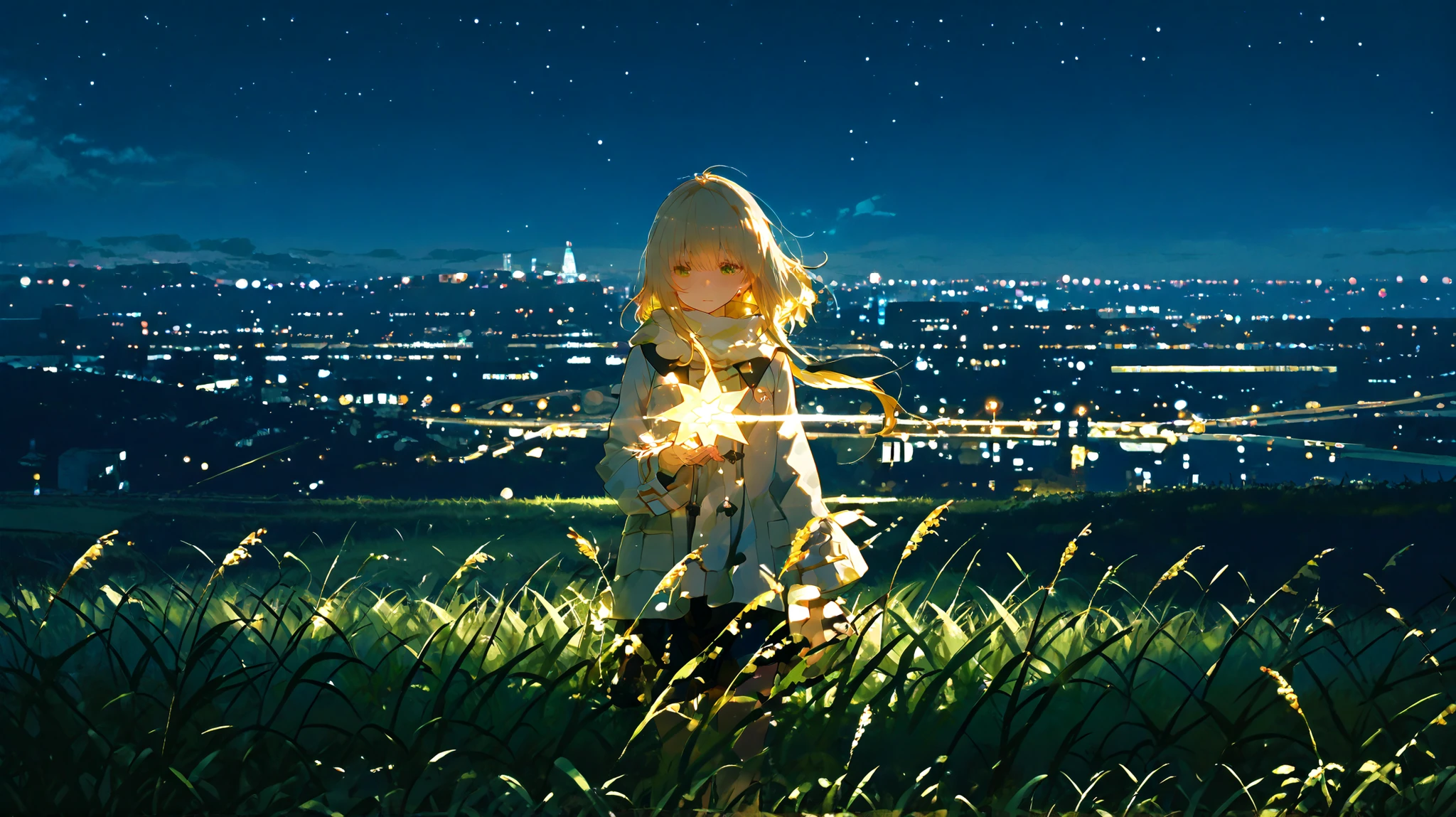 A quiet hill under a star-filled sky. Tall grass sways in the breeze, and the city lights twinkle faintly far in the background. A gentle atmosphere of calm and healing. The stars above shine brightly, like silent protectors watching over.